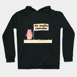 Air traffic controller. Profession, work, job. Cat shows a banner with the inscription. Watercolor illustration. A gift for a professional. Hoodie